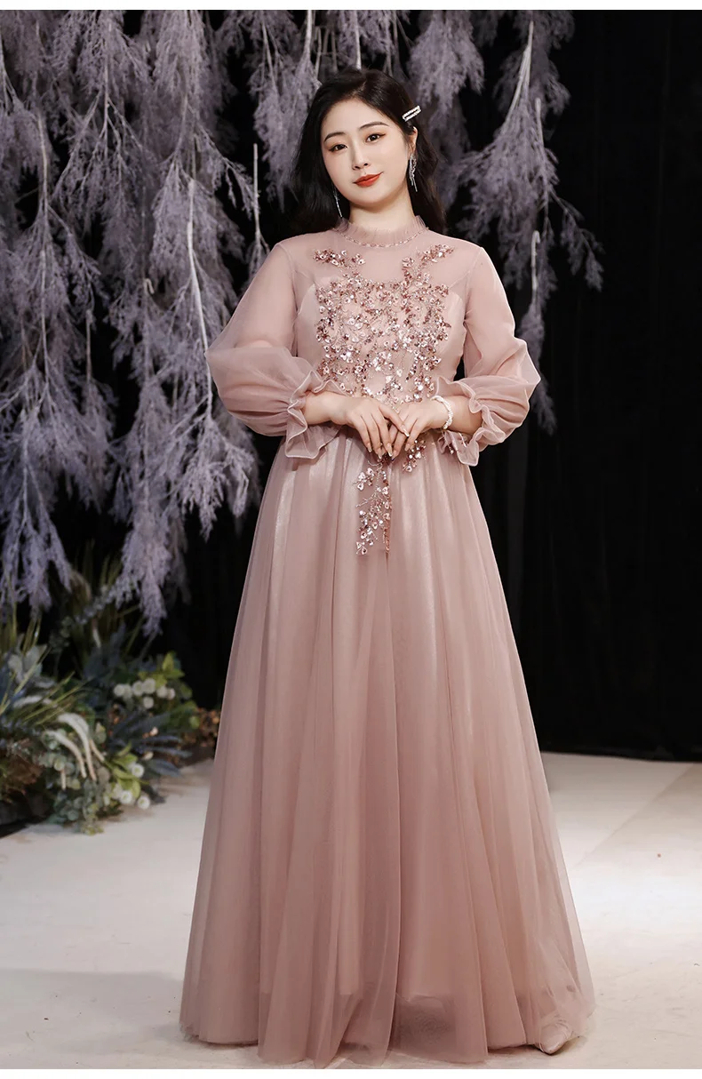 long sleeve maxi dress formal Evening Dresses For Women Elegant O-Neck A-Line Floor-Length Tulle Long Sleeve Prom Gowns With Appliques long sleeve maxi dress formal