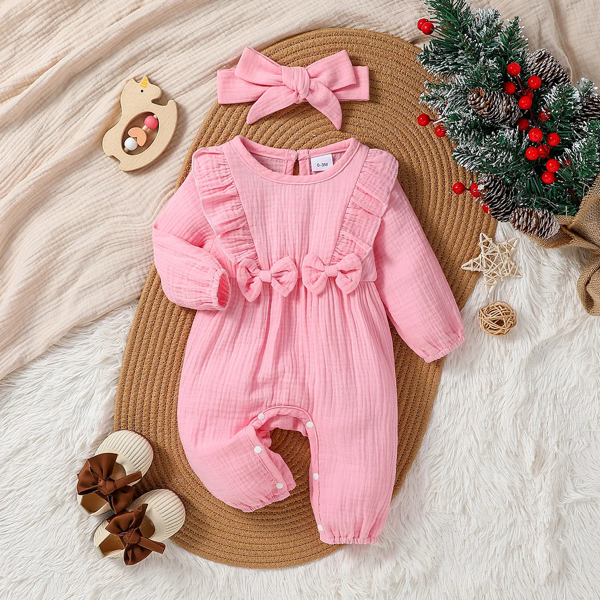 1-18M 2024 Baby Girls Honey Solid Spring/Autumn Pink Cotton Dressy Jumpsuit  With Bow +Hair Band 1