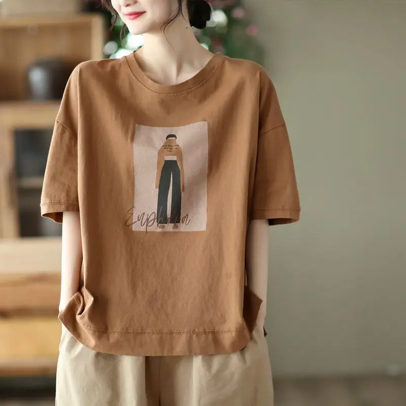 

New pure cotton short sleeved printed T shirt casual Korean style loose slimming high end large size summer tops for women y2k