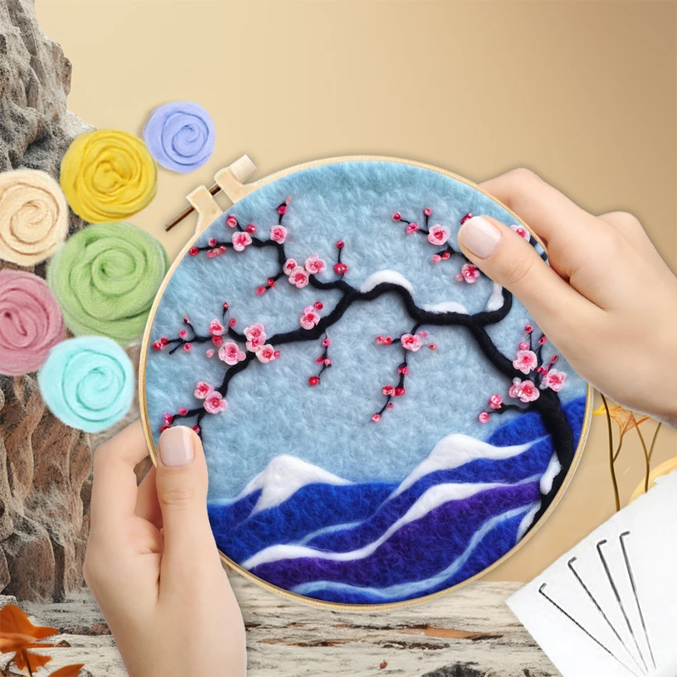 CHENISTORY 20x20cm Frame With DIY Wool Felting Painting Kit Plum Blossom Handmade Needle Wool Paintings For Home Decors Gift