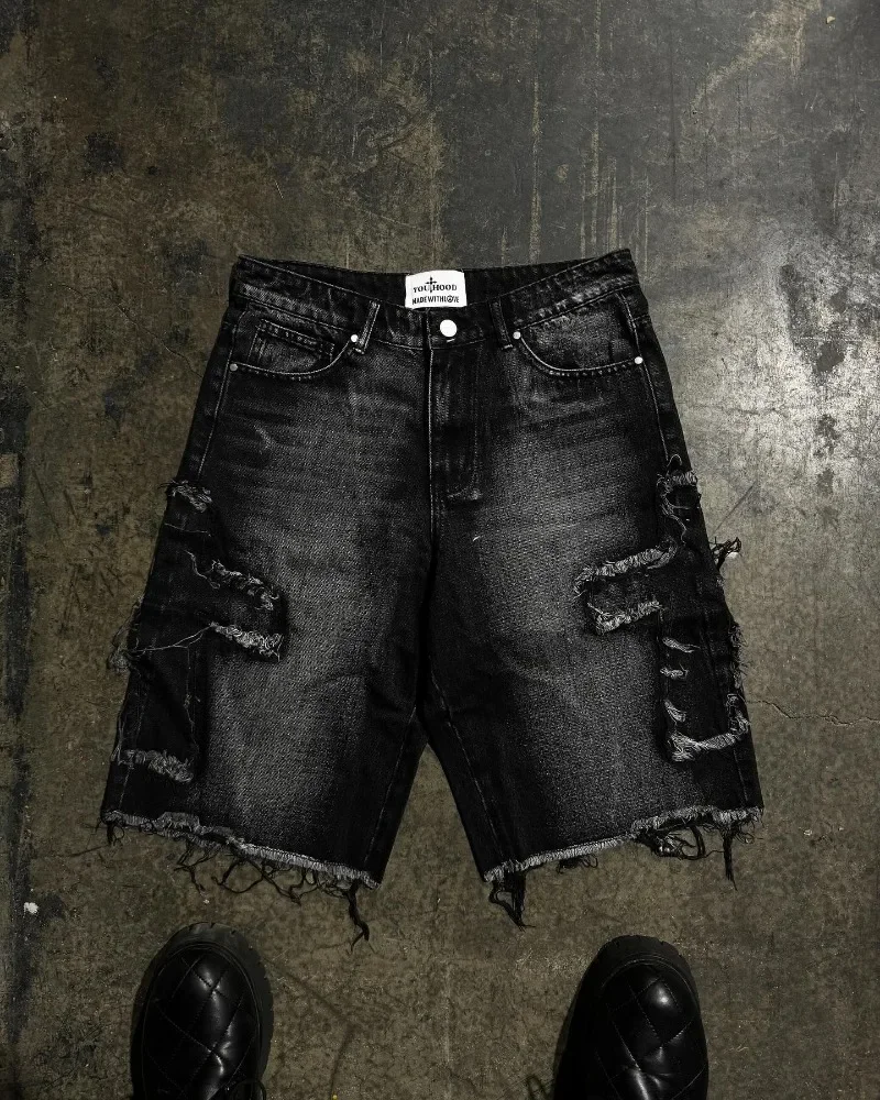 Cross raw edge embroidery design oversized y2k denim shorts mens summer street hip hop distressed washed sweatpants