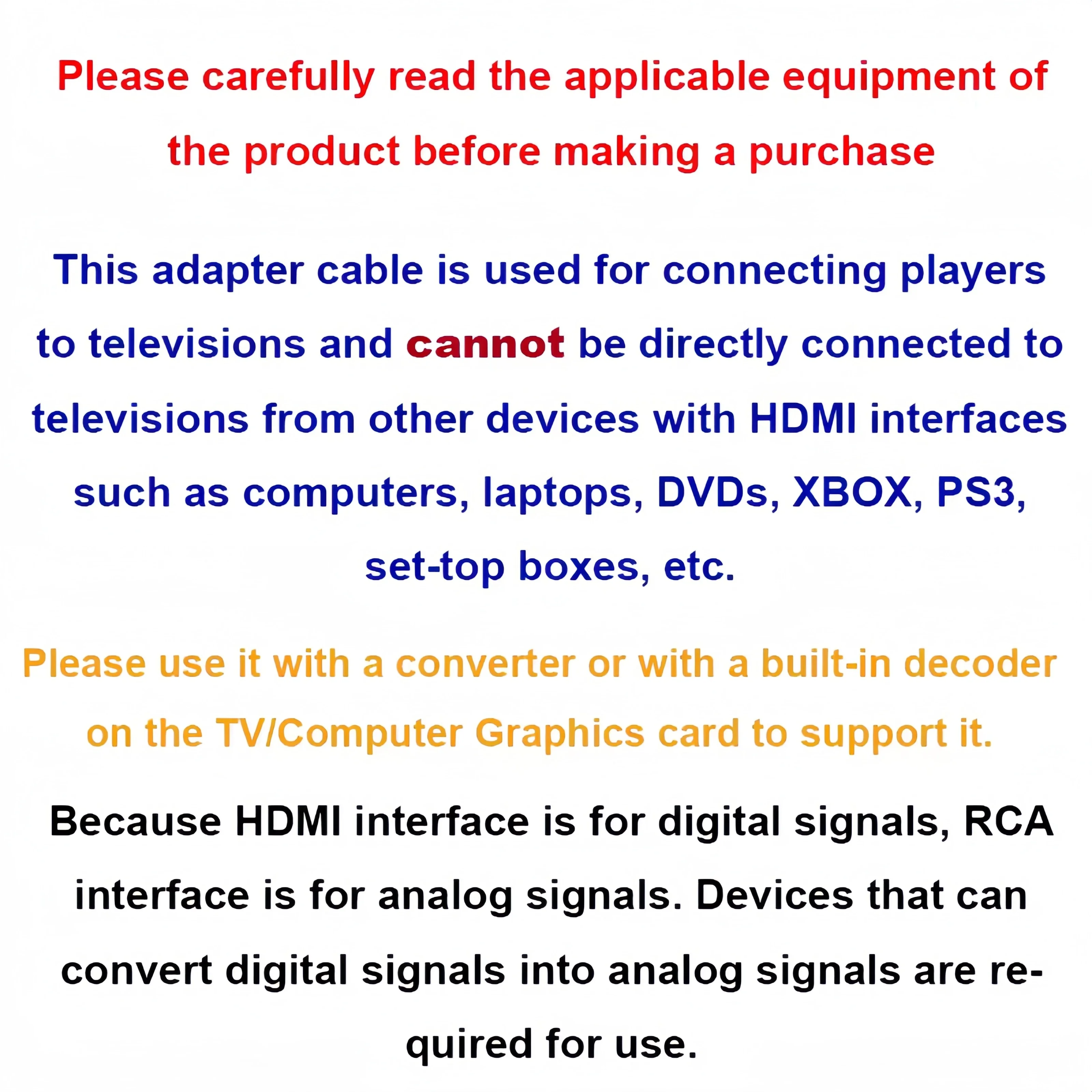 HDMI-compatible to 3RCA Cable 1.5M HDMI 1.4 to AV Cord HD Audio Video Wire