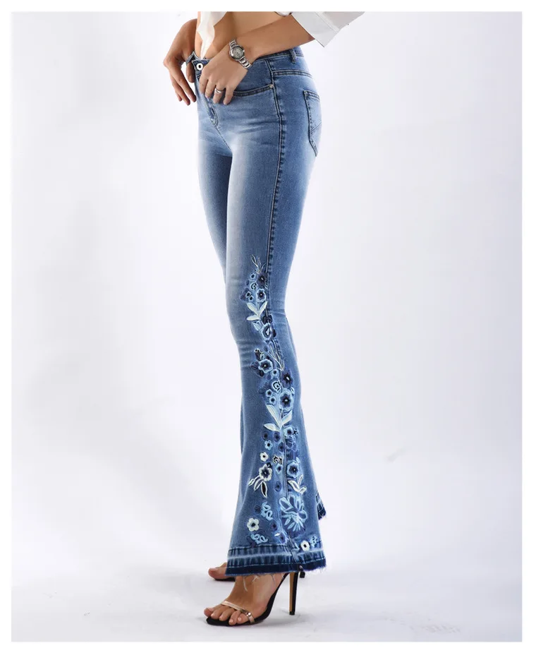 

AYUALIN Casual High Waist Blue Denim Pants Vintage Embroidery Flare Leg Jeans for Women Boho Slim Lady Jeans Summer 2023