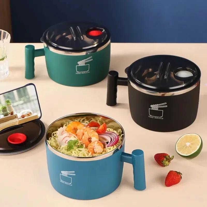 Stainless steel instant noodle bowl lid drain outlet student dormitory easy wash ramen bowl