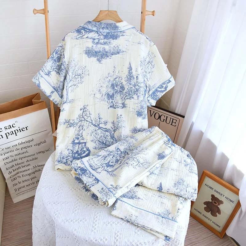 Kurzarm Nachtwäsche Pyjama Set gedruckt 100% Baumwolle 3 Stück Nachtwäsche Home Anzug Frauen Freizeit Nachtwäsche Pyjama Femme Eté – Detail 17
