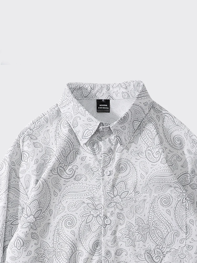 

Floral print black and white button shirt collar retro pocket totem