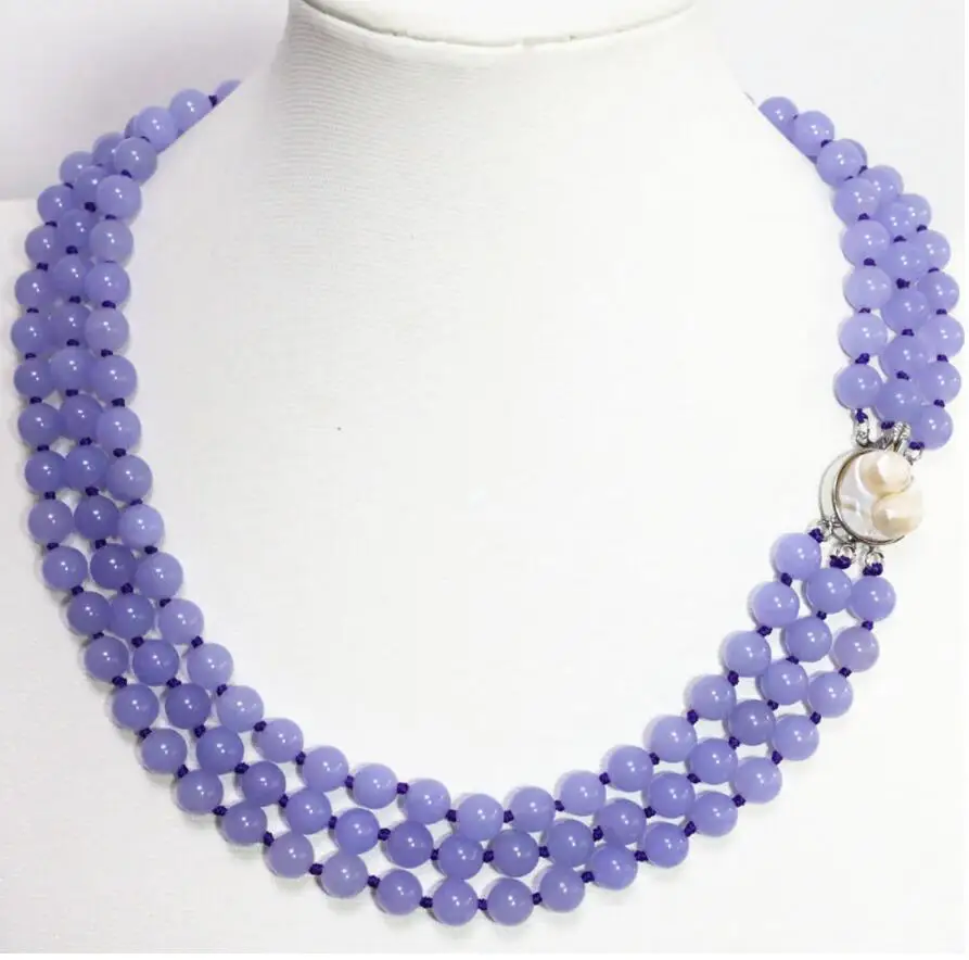 

Fashion 3 rows 8mm purple violet jade round narural white shell clasp necklace
