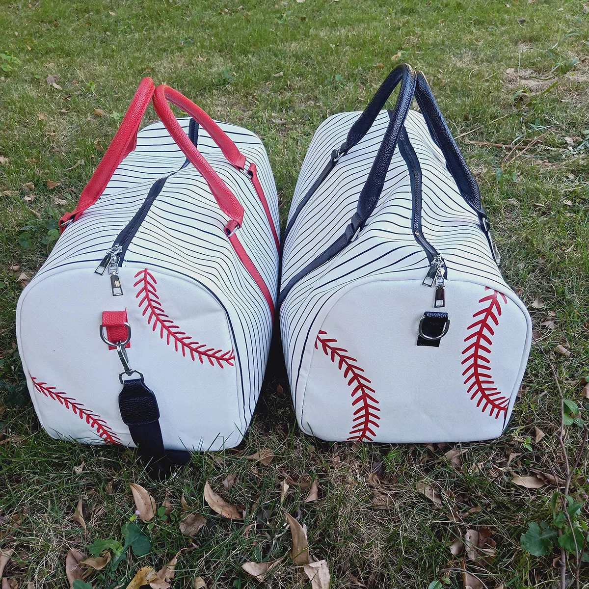

Women Gym Canvas Duffle White Baseball Embroidery Stripe Travel Bag With Straps Large Capacity Sports Luggage Storage Duffle Bag