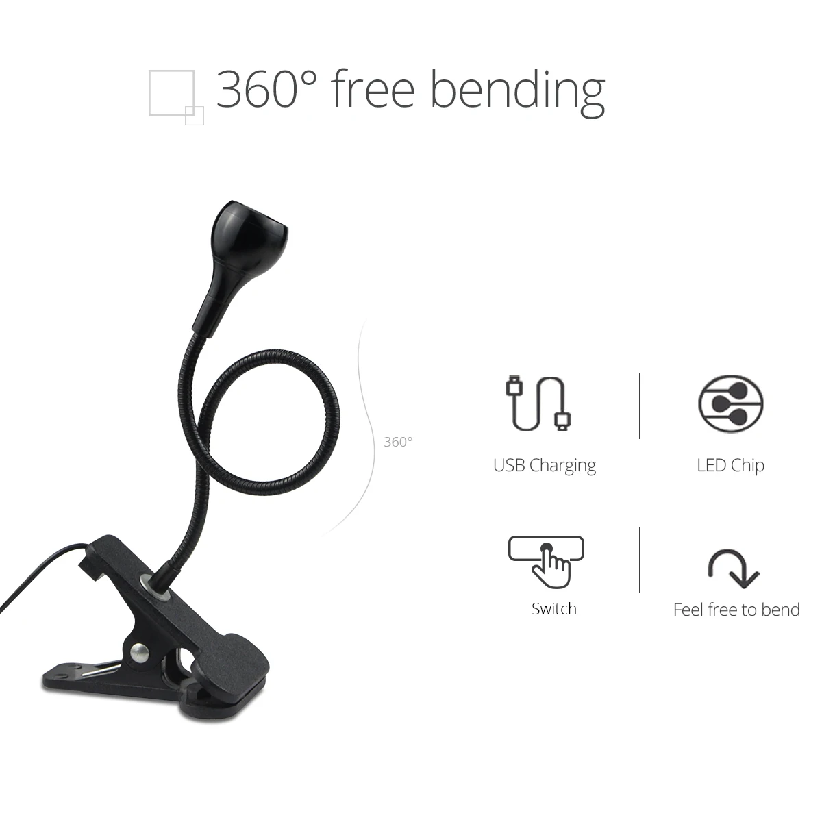 360 Degrees Flexible Desk Lamp with Holder Clip USB Power Lamp Reading Book Light Clip-On Cable With On Off Switch Night Light 4