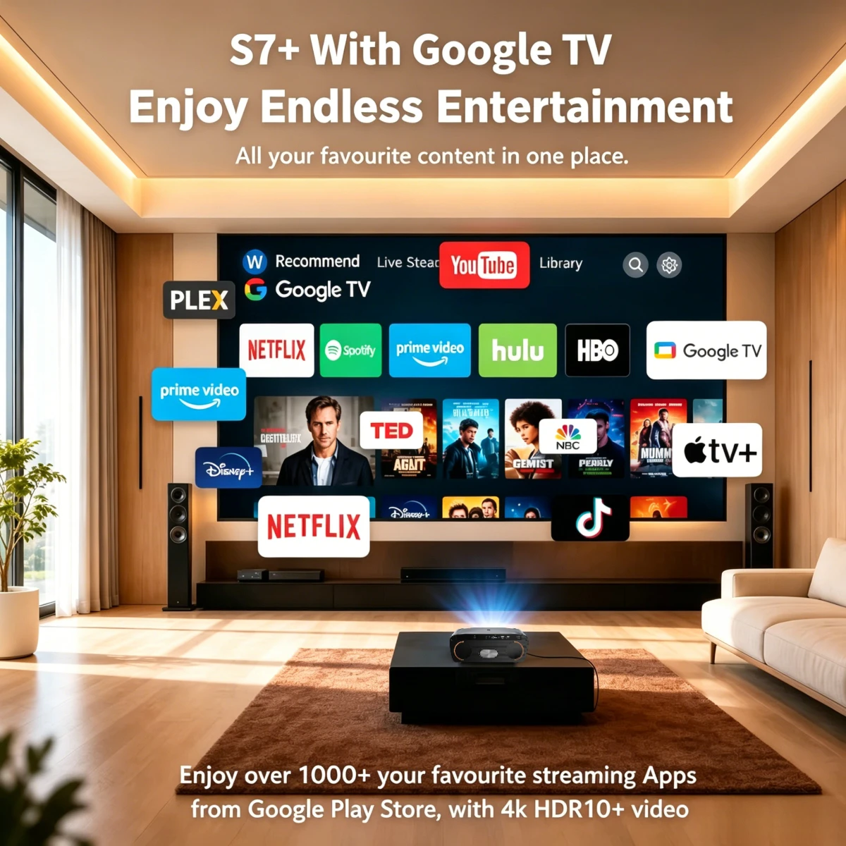 4K UHD 비디오 프로젝터 4200 ANSI 안드로이드 14 구글 TV 스마트 홈시어터 WiFi6 TOF 자동 초점 듀얼 스피커 영화 빔프로젝터 2026