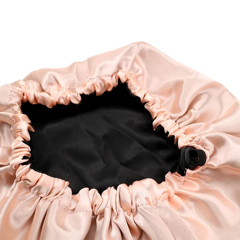 Satin Bonnet Adjustable Double Layer Satin Bonnet Nightcap Doubleside Women Round Shower Caps Night Sleep Polyester Hat Solid Black Lining