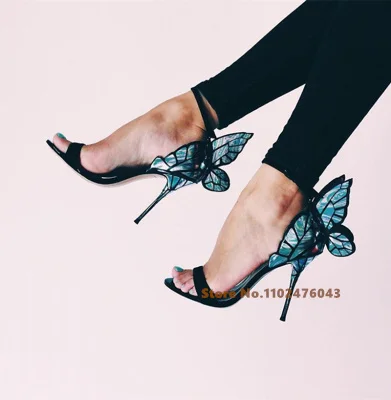

New Luxury Stiletto Pumps Bowknot Bridal Wedding Shoes Sexy Ankle Strap Sandales Female Fretwork Butterfly Wing Women Sandals