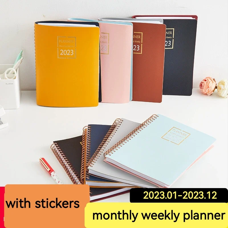 Sharkbang A5 2023 PU Daily Weekly Monthly Planner Notebook 70 Sheets Diary Free Stickers Full English Schedule Roll Coil Book