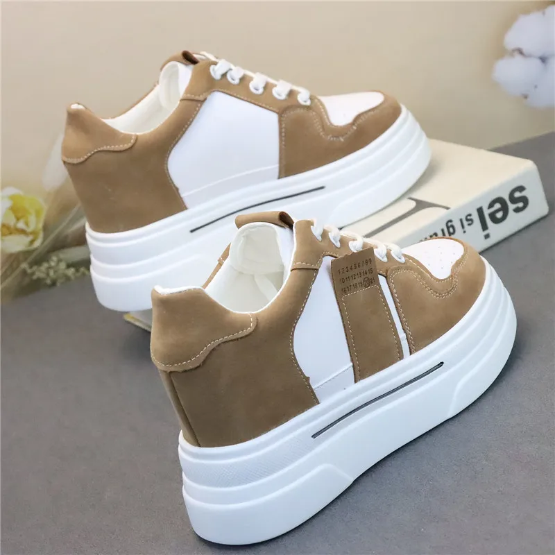 

7Cm Increase High Cow Genuine Leather Autumn Spring Platform Wedge Hidden Heel Sneakers Chunky New Women Shoes