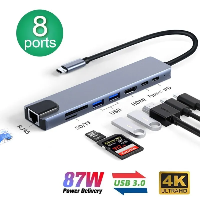 8in1 USB C HUB Type C Splitter 4K Thunderbolt 3 Docking Station Laptop Adapter For Macbook Air M1 iPad Pro RJ45 HDMI Computer 3