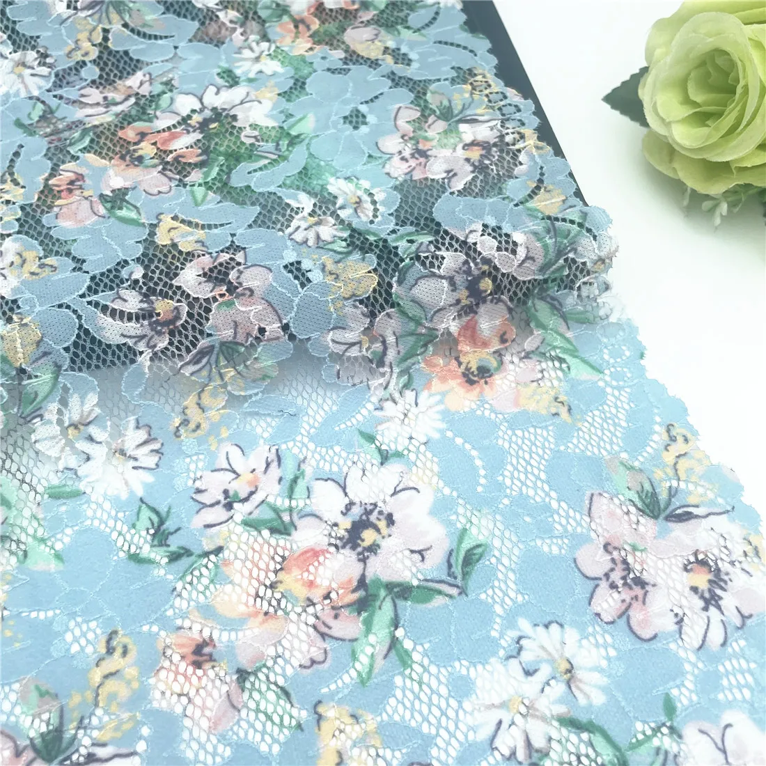 3y/lot Width 24cm Teal Blue Pretty Floral Elastic Lace Trims 2