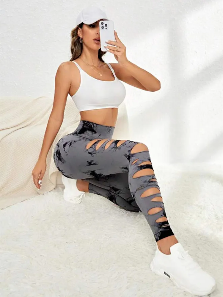 Tie Dye Cut Out Wideband Waist Sports Leggings