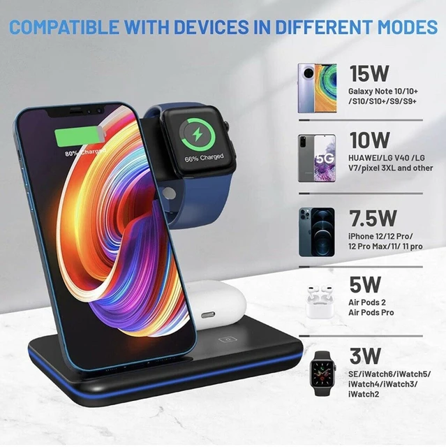 Station de charge rapide sans fil 3 en 1, support de chargeur 15W pour iPhone