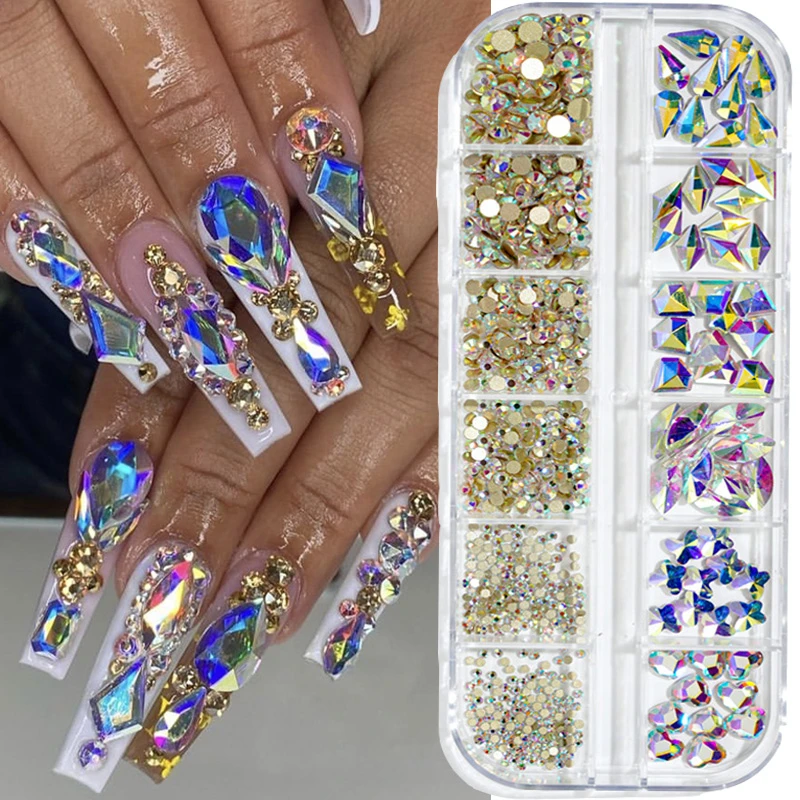 Mixed Size Crystal Nail Art Rhinestones Glass SS4-SS16 Nail Stones Shiny 3D  Flatback Dazzling Diamonds Nail Decorations