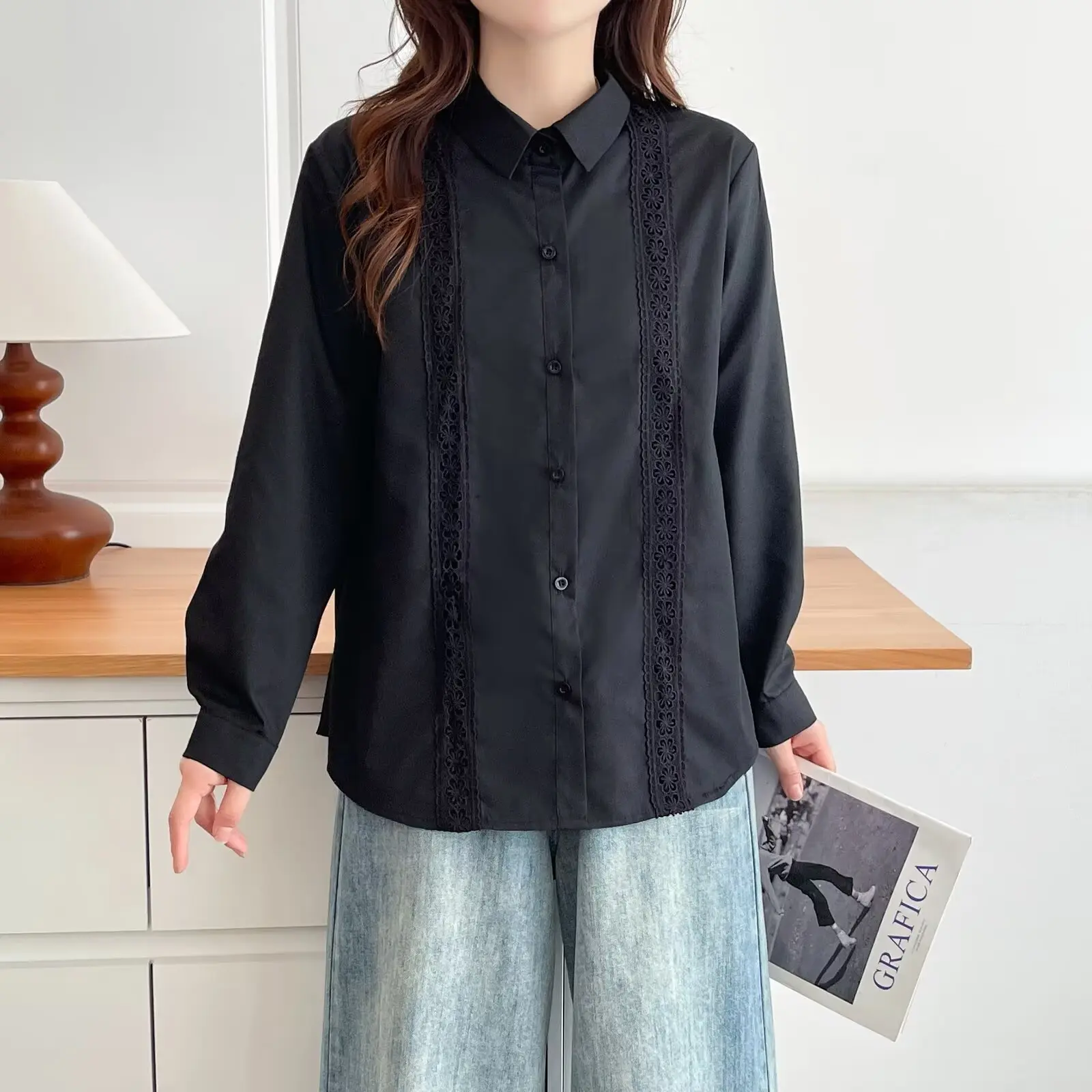 Fashion Plus Size Women's Blouses 2025 Autumn New Elegant Lace Long Sleeve Shirt