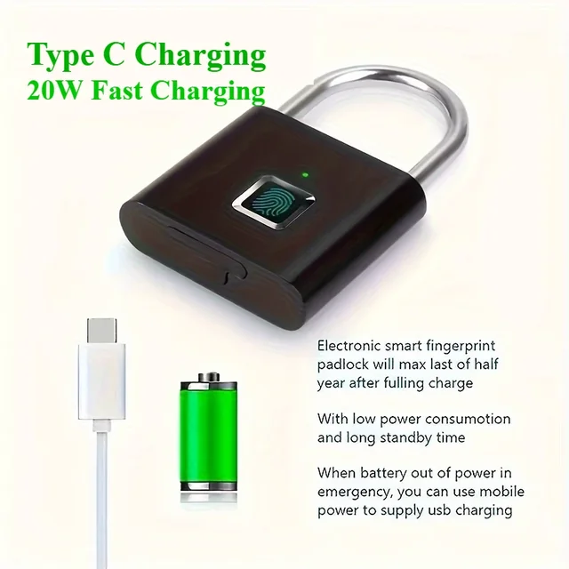 Mini Smart Fingerprint Padlock Rust-Proof, Keyless, Antitheft Security Door Lock Long-Lasting Battery USB Charging for Suitcase 5