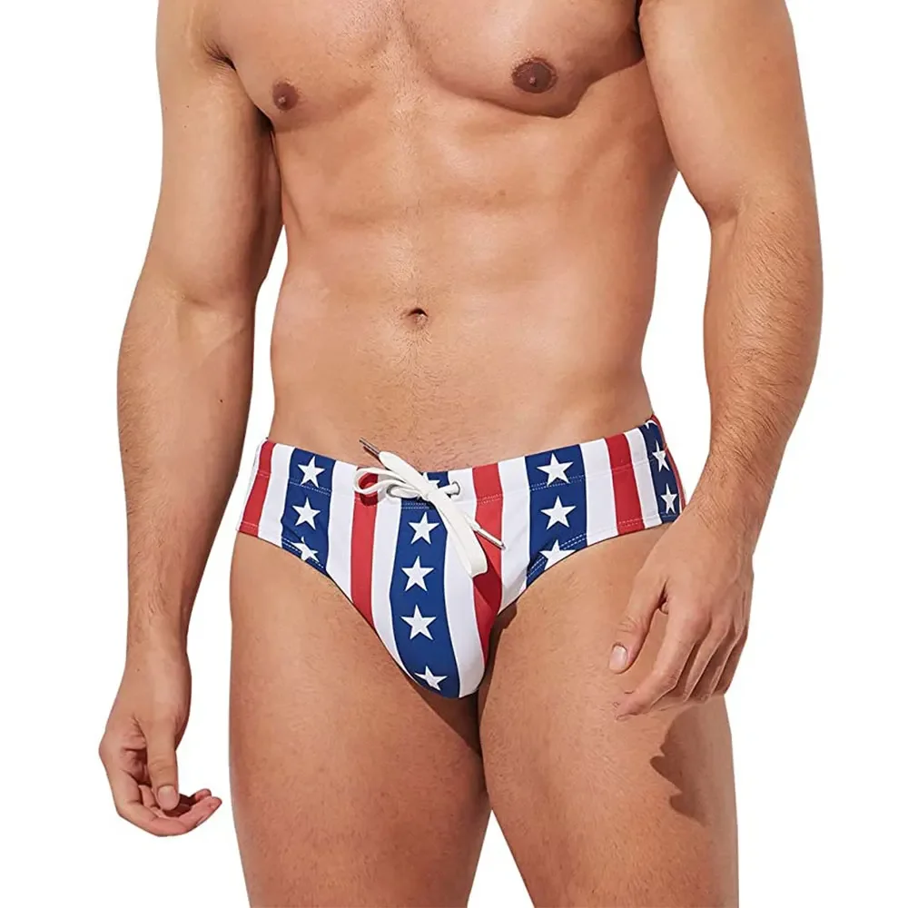 American Flag Swimwear Mens Stars Low Rise Swim Briefs Trunks USA Flag Underwear Sexy Beach Bikini Swimsuit Swimming Surf Shorts