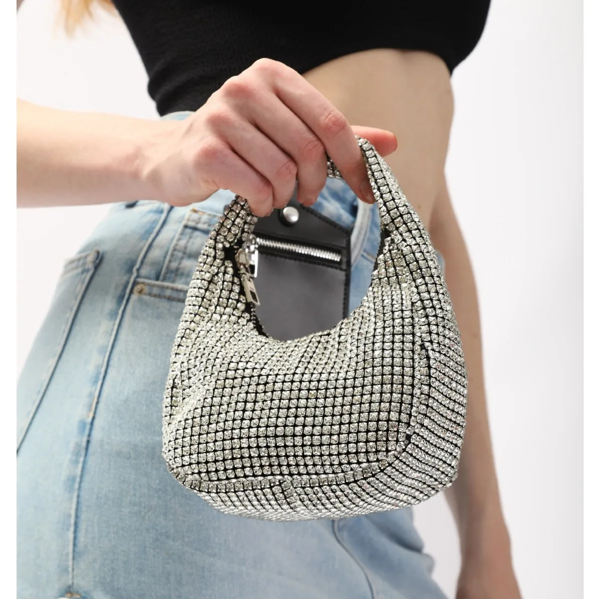 

2024 new diamond rhinestone luxury silver tote bag fashion niche dinner bag women handbag senior sense clutch bag
