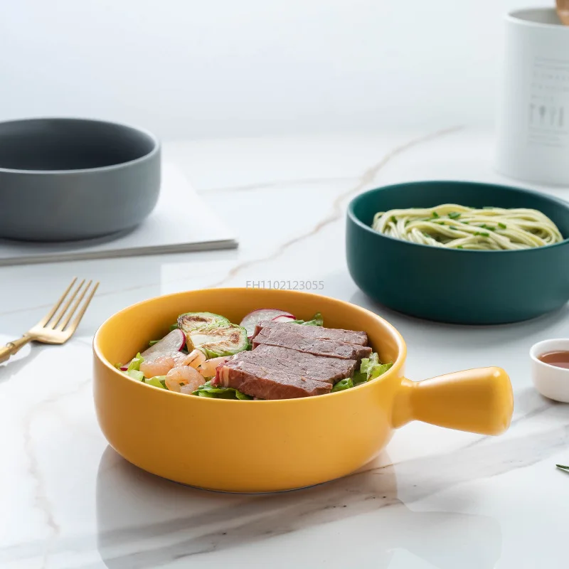Simple Household Tableware Soup Noodle Baked Rice Bowl New Salad Bowl Multi Color Baking Bowl with Handle Spaghetti Plate