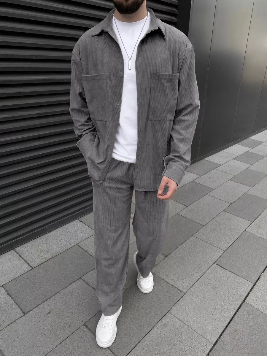 2025 Spring autumn Europe and the United States cross-border men's corduroy high quality long sleeve coat casual pants two piece 4