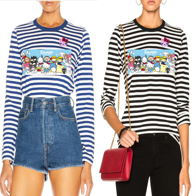 

Women Long Sleeved Striped T-shirt Pink Cat Embroidery Cartoon Happy Mobilization Print Cotton O-neck Spring Autumn T-shirt