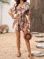 Women's Bohemian holiday style geometric print V-neck wide-leg trousers hidden meat non-bloated jumpsuit