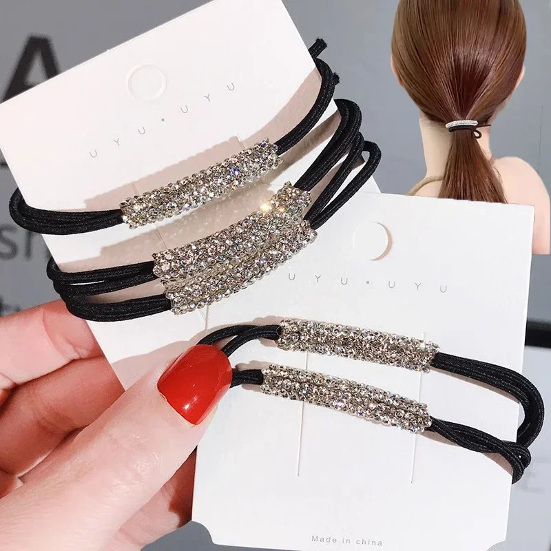 Glänzende Kristall Gummibänder Haarschmuck Frauen Schwarz Strass Elastisches Haar Mädchen Schöne Haarseile Pferdeschwanzhalter Krawatte