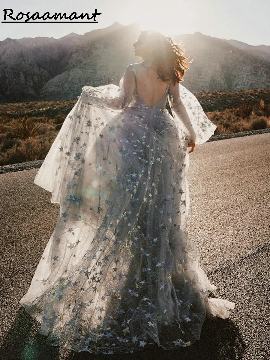 

Silver Glitter Crystal Sequined Backless A-line Wedding Dresses V-Neck Long Flare Sleeve Bridal Gowns Robe De Mariée