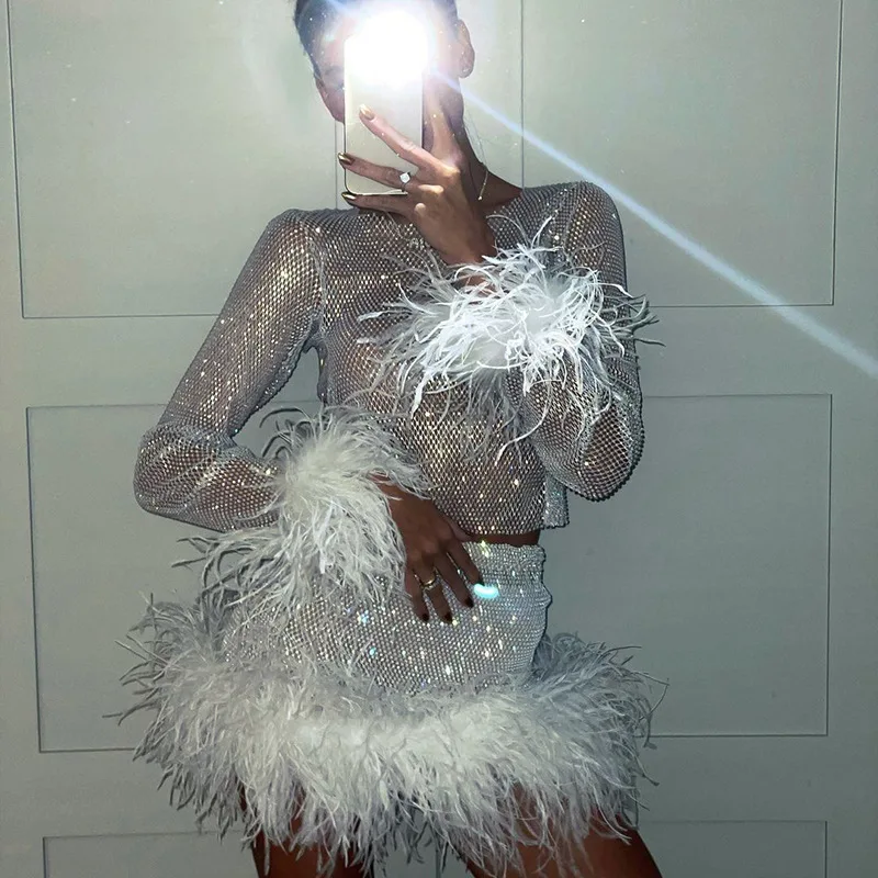 Euphoria Feather Mini Dress Two Piece Sets Womens Outfits Full Sleeve Mesh  Shiny Club Party Evening Summer Dresses 2022 Set