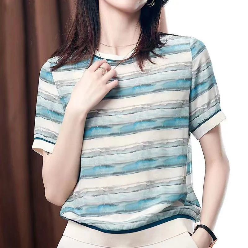 ★eessay★PRECIOUS SLOW SNAIL T-SHIRT-PINKSTRIPED/韓国送料込 Summer Round Neck Short Sleeve Vintage Elegant Plaid