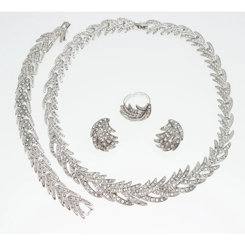 Leaves Shape Silver Color Clear Crystal Jewelry Set New Fashion Wedding Bridal African Costume Jewelry Sets bridal jewelry sets
