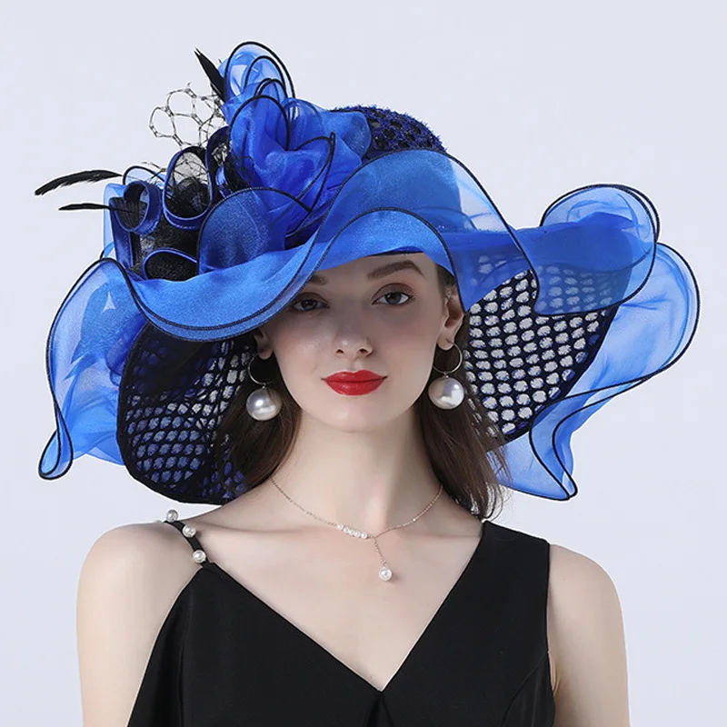 

Classical Foldable Stripe Big Flower British Style Elegant Wide Brim Church Bride Wedding Party Organza Fedora Hat For Women