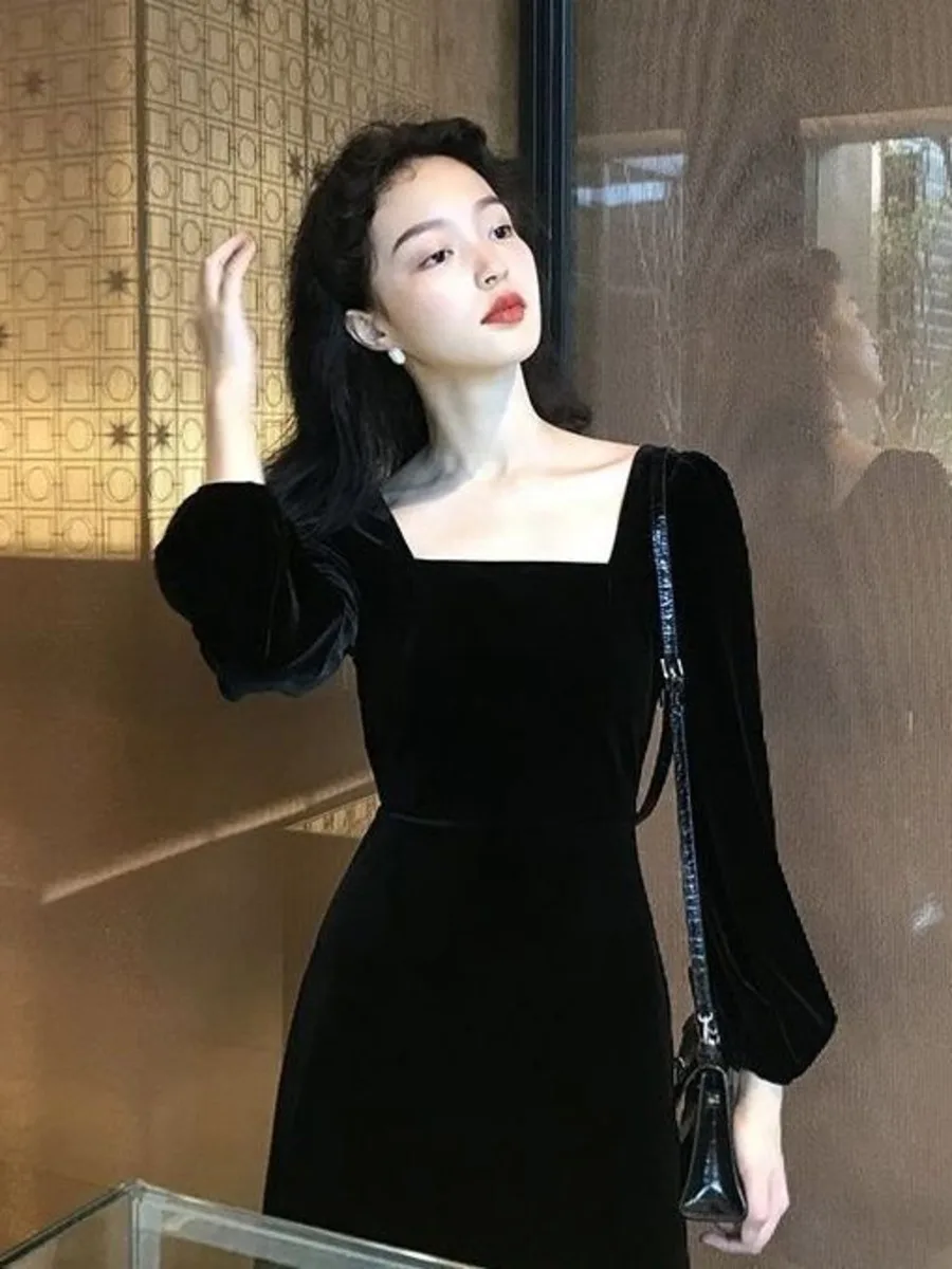 

Square Collar Vintage Elegant Velvet Fairy Dress 2024 Women Casual Long Sleeve Casual Solid Formal Party Slim Dress