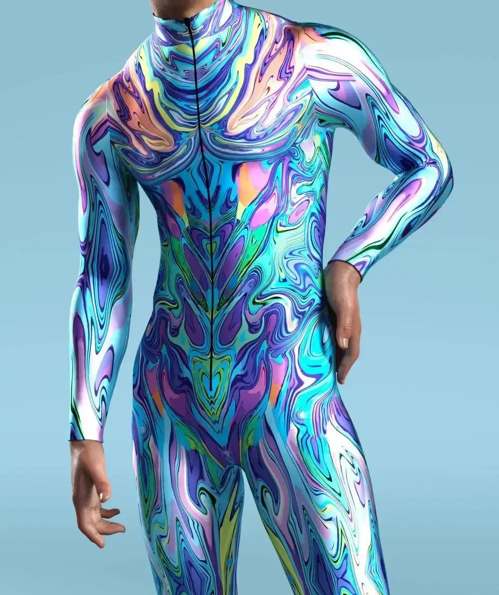 Kid Men Jumpsuits Machine Zentai Skinny Costume Multicolour Printing Bodysuit Party Festival Outfit Catsuit Front Zipper Elastic cosplay costume men festival costume set men rubber bodysuit