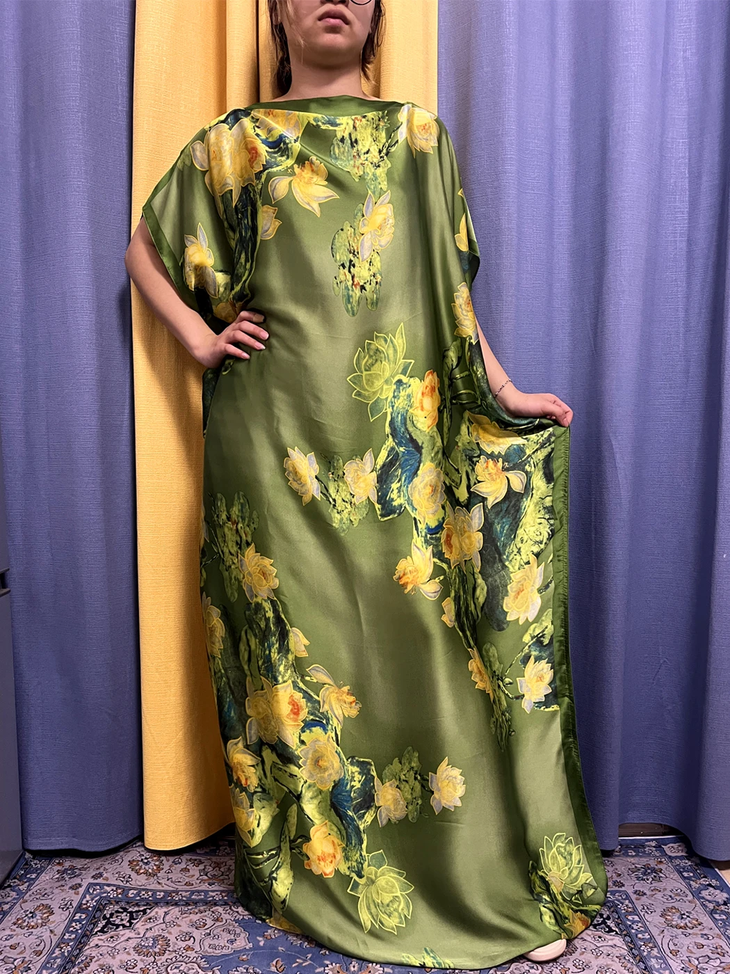 Abayas For Women 2023 Muslim Fashion Printed Floral Green Silk Loose Femme Robe African Nigeria Soft Summer Dresses With Turban
