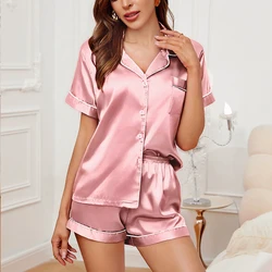 Women's Silk Satin Two - Piece Pajama and Loungewear Set - M (PInk White)