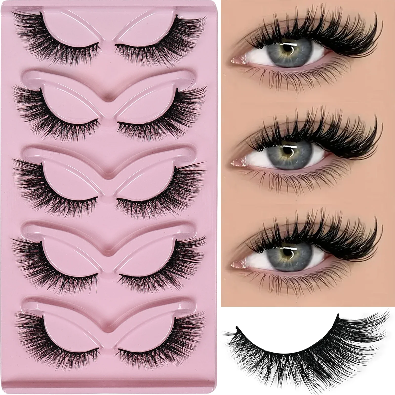 5 Paar Katzenaugen-Wimpern, dünne künstliche Wimpern, flauschige Katzenaugen-Wimpernverlängerungen, falsche Wimpern