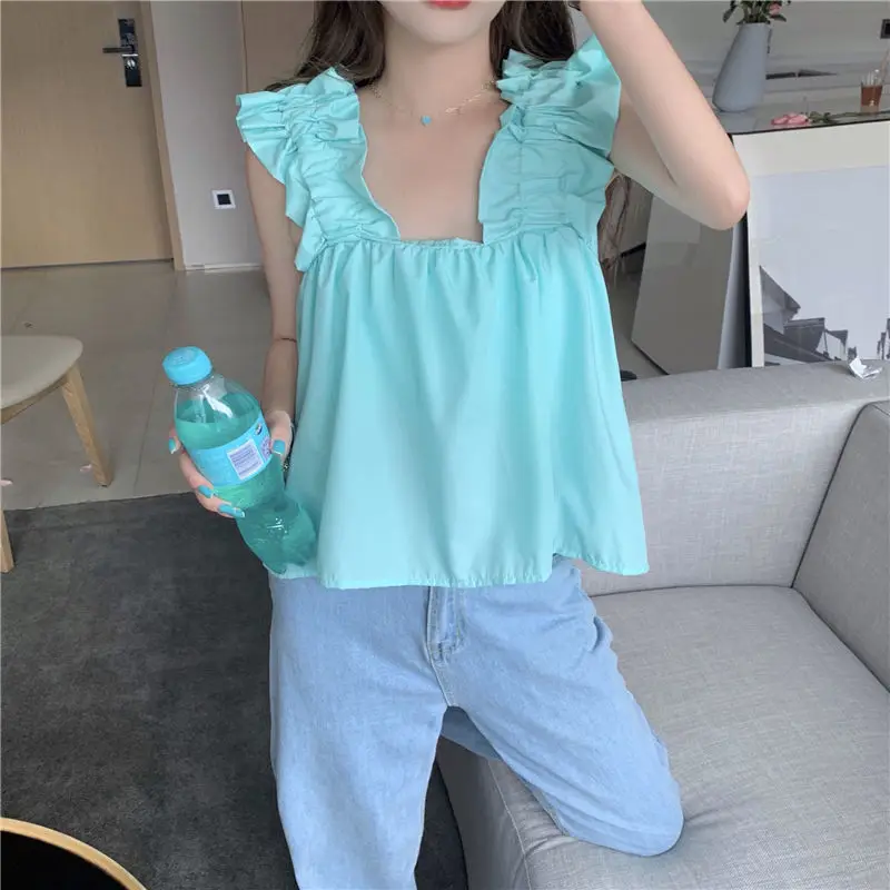 

Summer Sweet Sexy Tanks Womens Simple New Holiday Vintage Soft Elegant Daily Solid Chic Tender All-match Ladies Korean Style Fit