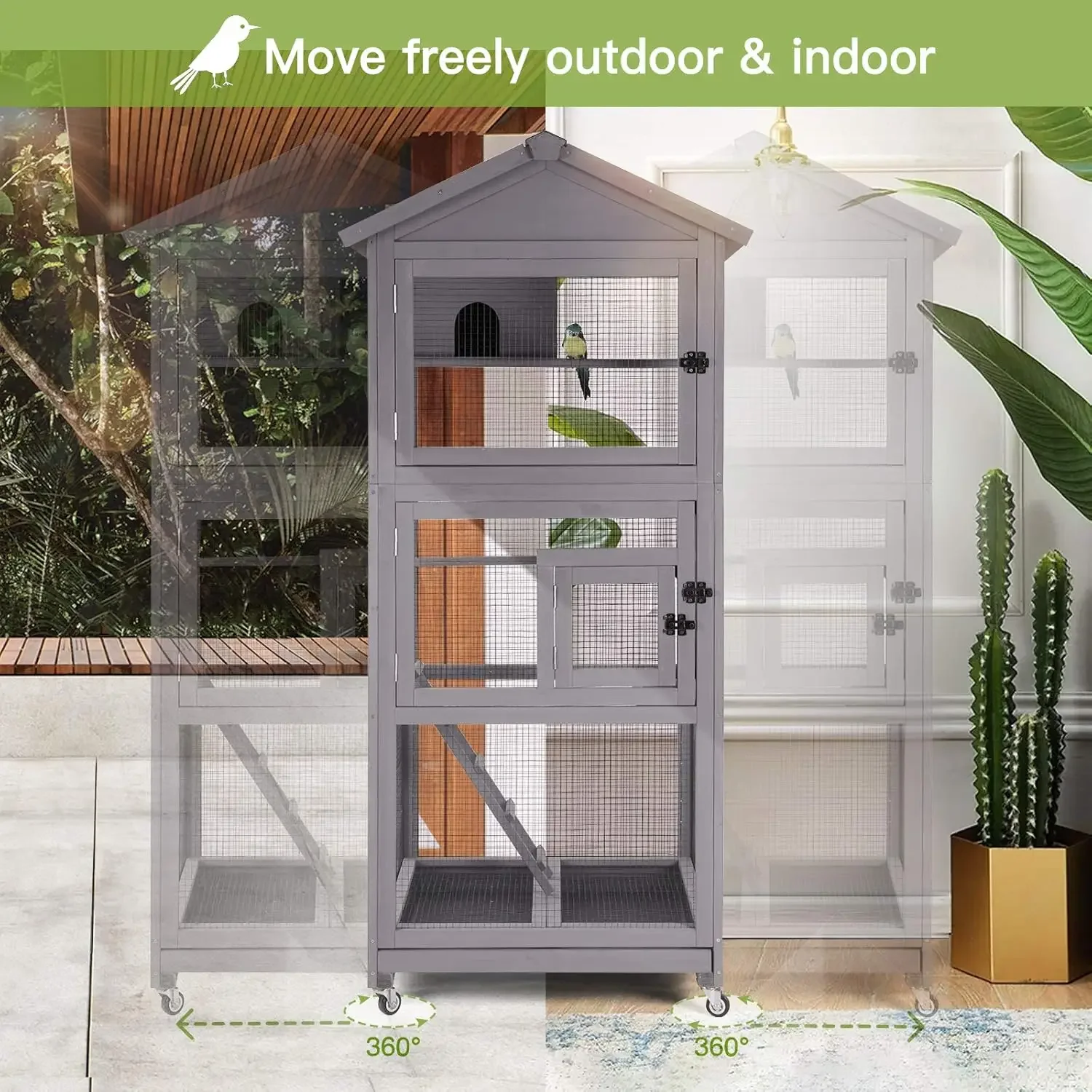 GUTINNEEN Outdoor Bird Aviary Wooden Large Bird Cage on Wheels, Featuring Play Stand, Perches, Nest Habitat, Include Wire Mesh a
