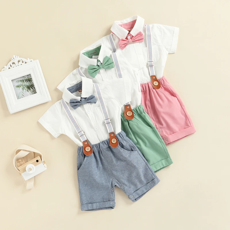 0-3Y Summer Baby Boys Gentleman Clothes Sets Solid Single Breasted Romper Tops Bow + Overalls Shorts kids clothes