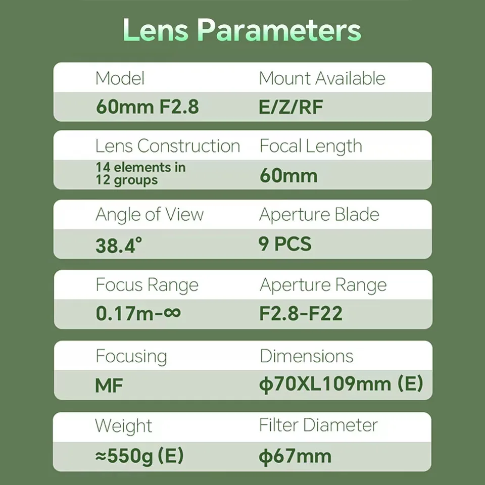 7artisans 60mm F2.8 풀프레임 매크로 2배 수동 초점 단렌즈 X 배율 매크로 렌즈 (, 니콘, 캐논용)