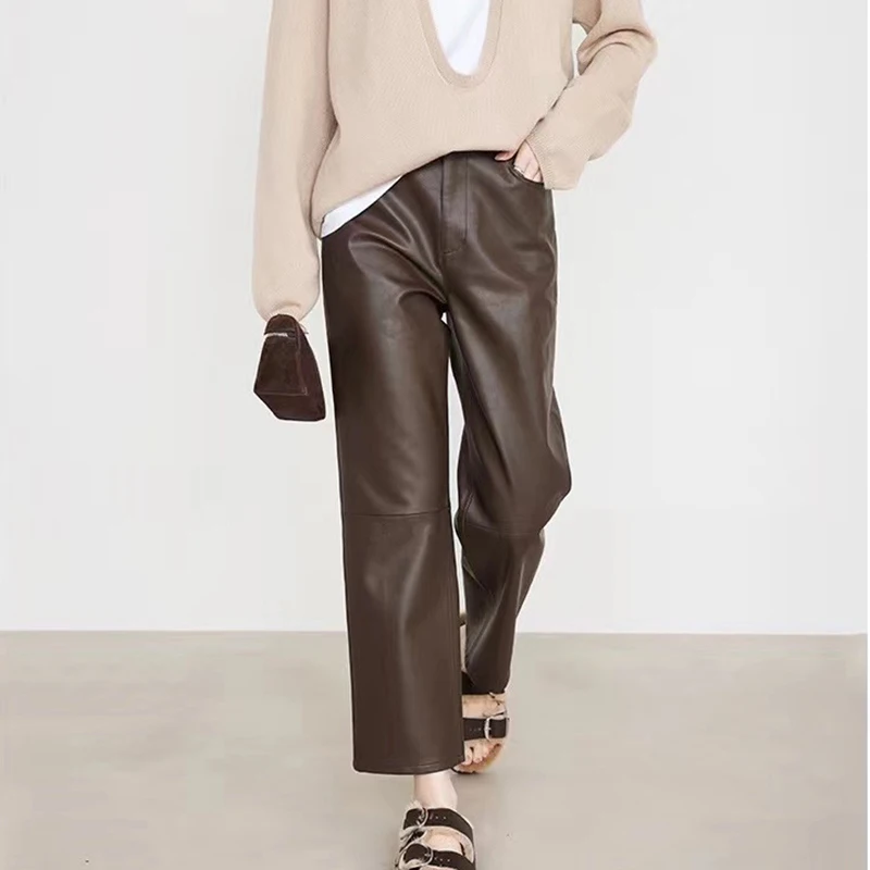 100% Leather Pants Women Autumn Winter Fashion Sheepskin High Waist  Slim French Baguette Pants Casual Straight Cropped Trousers 4