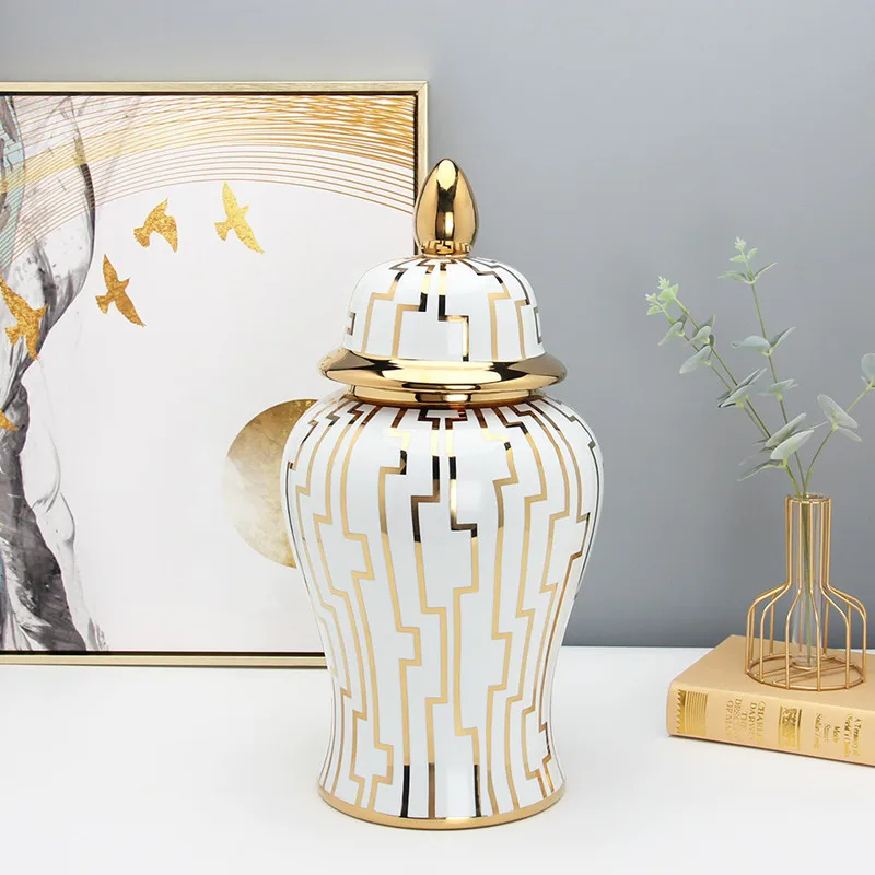 Gold and Silver Stripes Ceramic Storage Jar Generic Ginger Bottle with Cover Vase Home Decoration Flower Arrangement Accessories