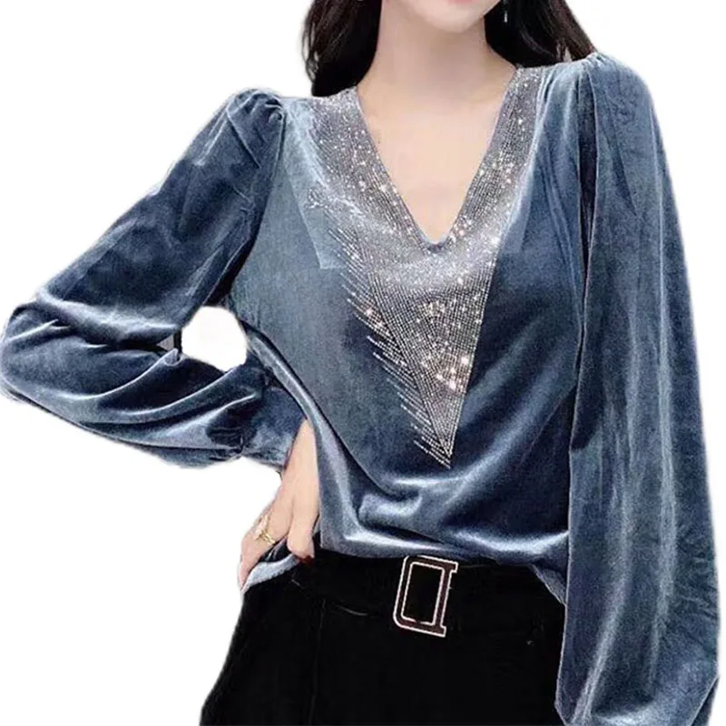 2022 Gold Velvet  long-sleeves Top  Autumn  Winter  Fashionable Western  Style V-neck  Women's  Inside  Slim Fit Bottomin Shirt