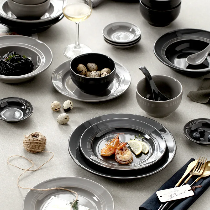 

Household European ceramic rice bowl large noodle soup dishes plate dish Nordic black gray tableware